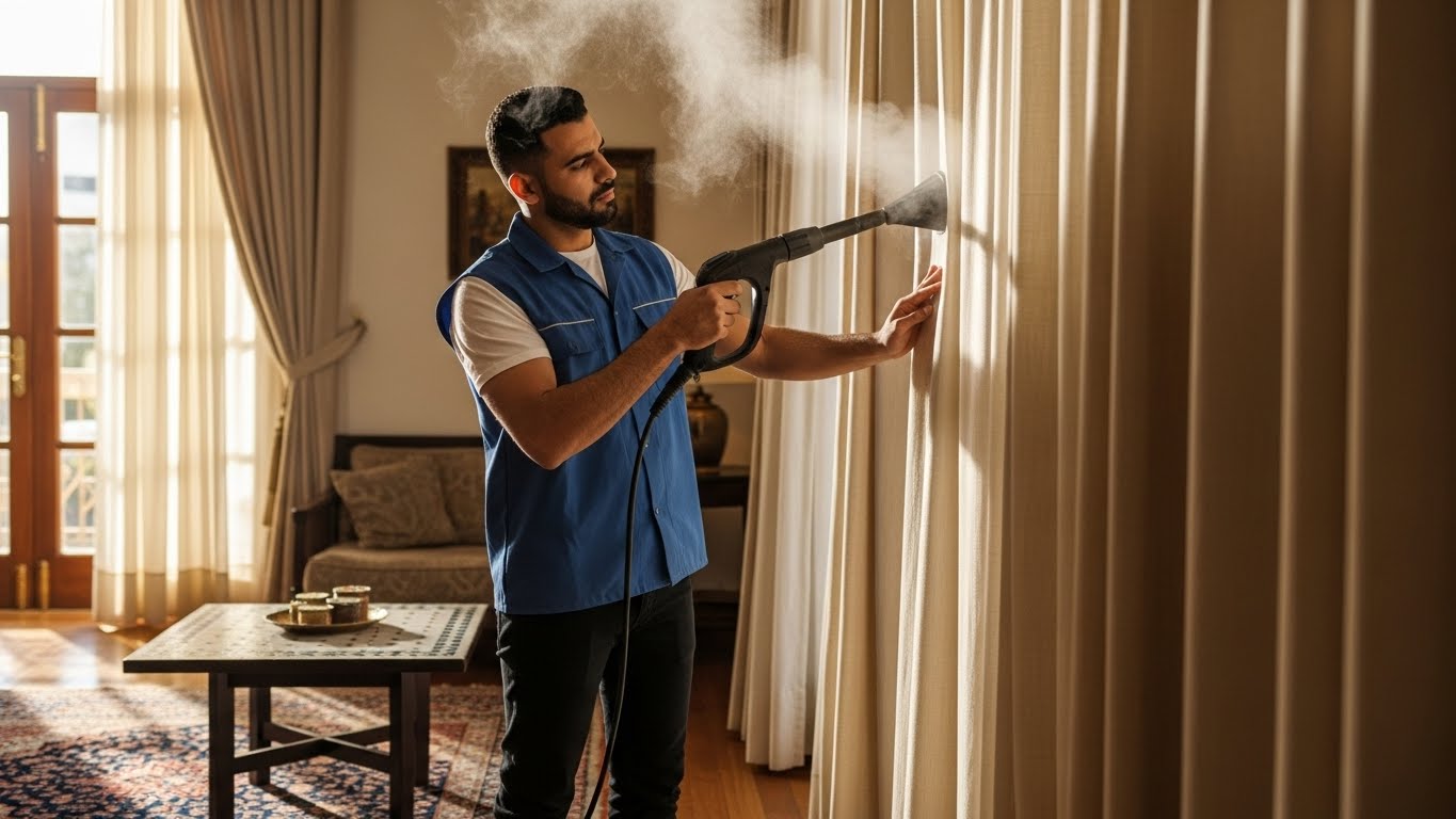 غسيل الستائر بالبخار الحل الذكي لتنظيف عميق دون فكّ الستائر أو الإضرار بالأقمشة